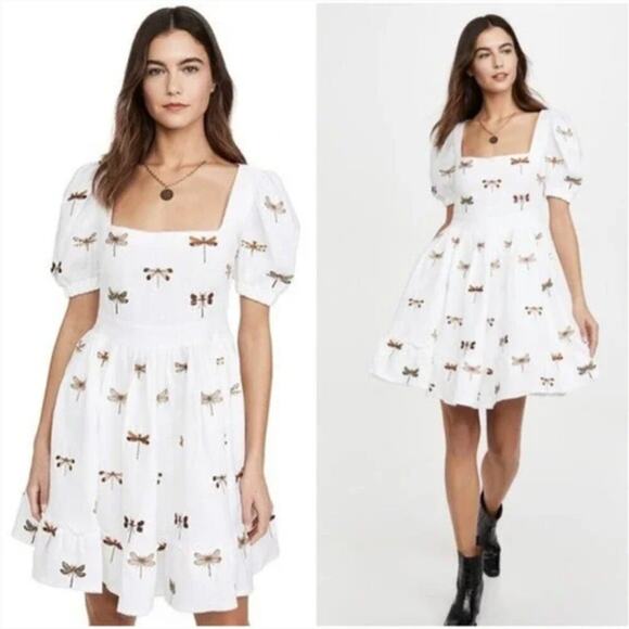 Agua Bendita Dragonfly Embroidered Pomelo Libelula Puff Sleeve Linen Mini Dress - Picture 1 of 10